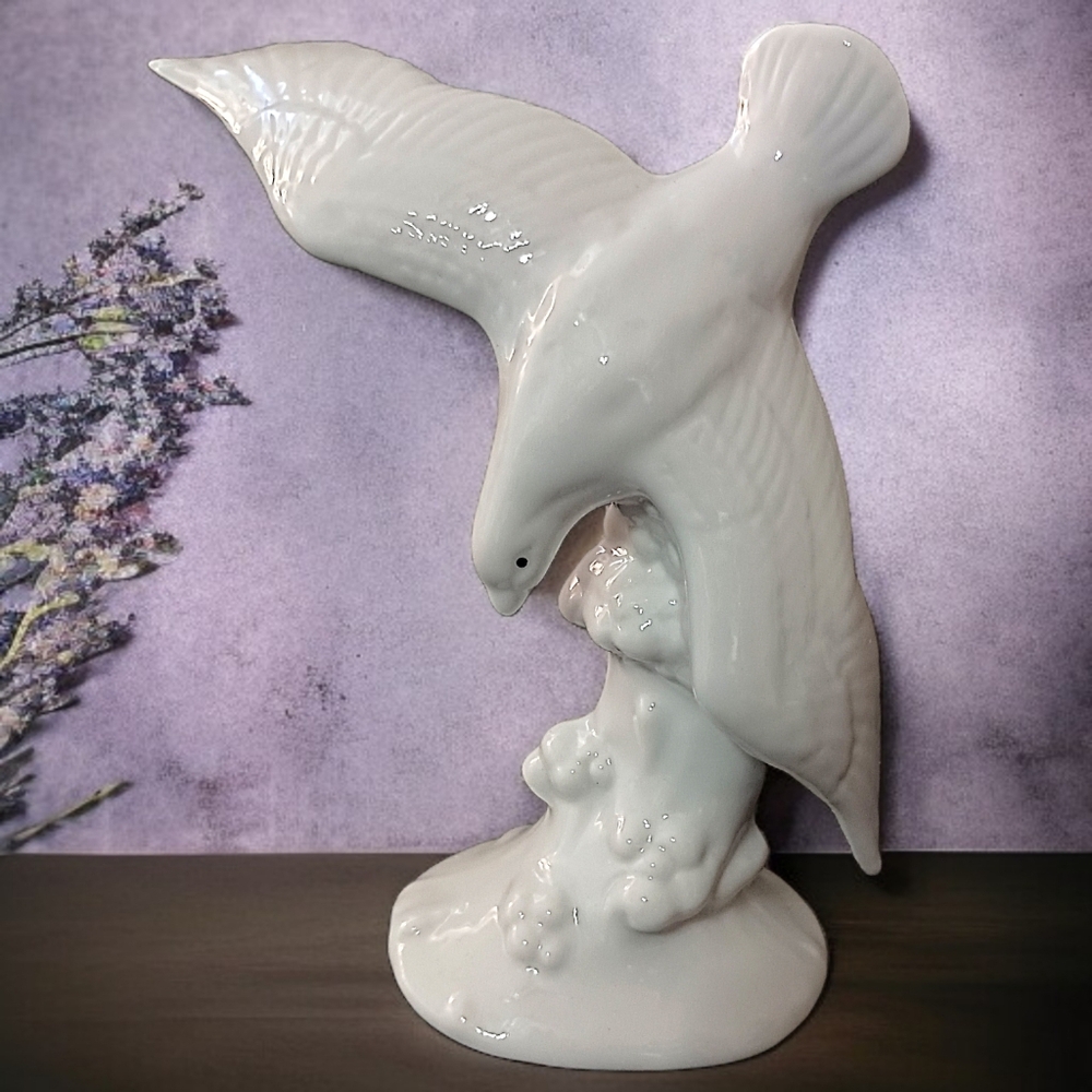 Vintage Seagull Porcelain Figure All White Diving Into Wave Figurine Beach House